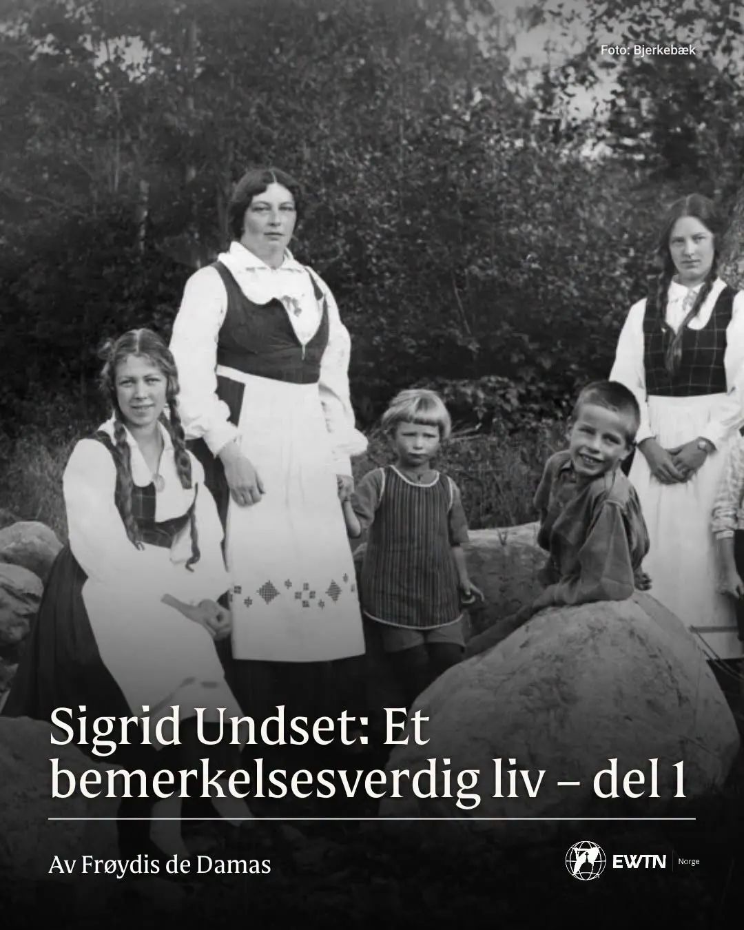 Sosiale medium-innlegg om Sigrid Undset med historisk fotografi.
