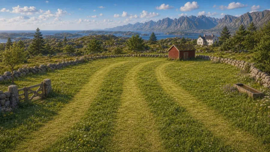 Illustrasjonen av jordet i Jordbruksmester, med fjord, steingardar og det raude skjulet