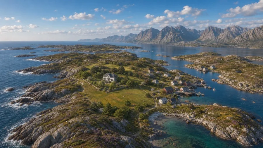 Øya Maram med fjell, fjord og små hus